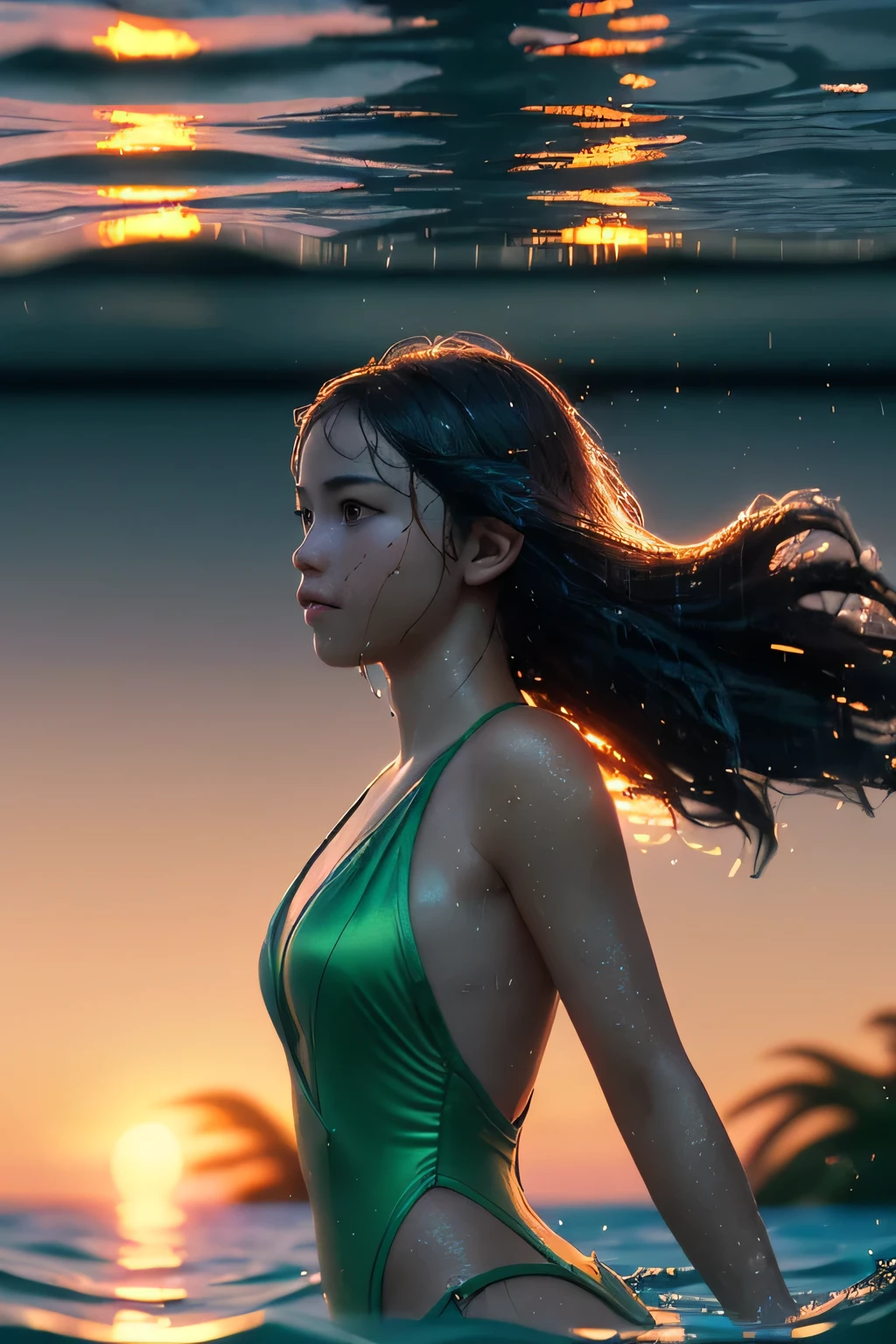 (masterpiece), (very complicated: 1.3), (realistic), portrait of a young girl, floating underwater, (dynamic perspective), the most beautiful in the world, (swimsuit), satin reflection, exterior, bright sunlight, distant plant group, stunning female professional photo details, sharp focus, dramatic, awards history, cinematic lighting, Octane Rendering Unreal Engine, dtx volumetry, (film grain, background blur, foreground blur, Bokeh, written boundary depth, sunset, motion blur: 1.3), (wet hair: 1.0),

