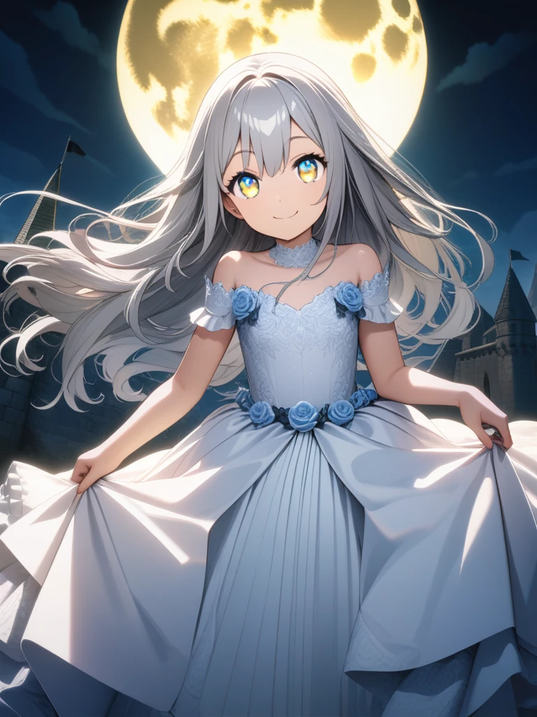 32k, best quality, ultra high res, HDR, uhd, extremely detailed CG, unity 32k wallpaper, (((Unity 8k Wallpaper))), (((masutepiece))), (((Best Quality))), (((Ultra-detailed))), (((High resolution))), (((extremely delicate and beautiful))), ((((Beautiful detailed eyes)))), (((Cute Girl))), ((happy smail)), (((Wedding dresses with ruffles))), (((shiny silver hair))), (((Long hair))), (((front))), (((8 km Full Moon))), (((Castle background))), (((Smile))),
