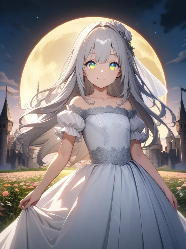 32k, best quality, ultra high res, HDR, uhd, extremely detailed CG, unity 32k wallpaper, (((Unity 8k Wallpaper))), (((masutepiece))), (((Best Quality))), (((Ultra-detailed))), (((High resolution))), (((extremely delicate and beautiful))), ((((Beautiful detailed eyes)))), (((Cute Girl))), ((happy smail)), (((Wedding dresses with ruffles))), (((shiny silver hair))), (((Long hair))), (((front))), (((8 km Full Moon))), (((Castle background))), (((Smile))),