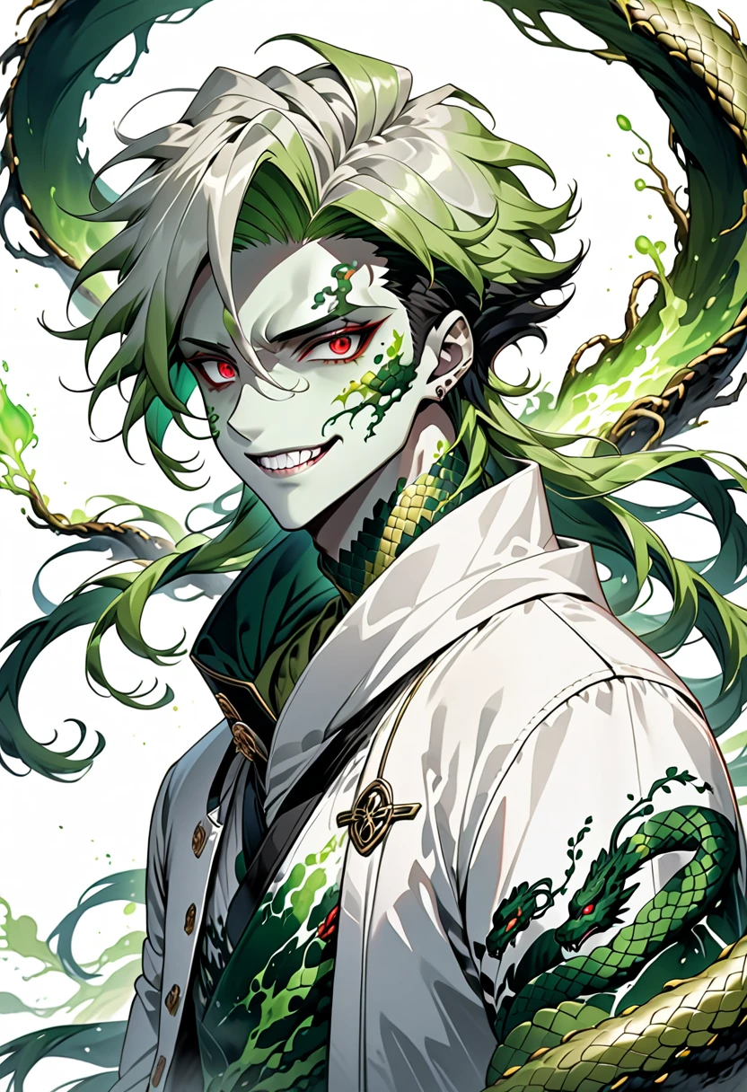 enerate an anime-style illustration of a teenage male character with the appearance of a Gorgon. He should have pale skin, sharp facial features, and a monstrous look, with green scales covering parts of his face and body. His hair should be made entirely of slender, elegant white snakes with subtle green highlights, all oozing a green liquid aura. The snakes should have piercing red eyes. The character should be wearing a white trench coat hoodie with accents of green, creating a harmonious green and white color theme. He should have a sinister grin on his face. Please ensure that the overall aesthetic remains true to traditional anime art style