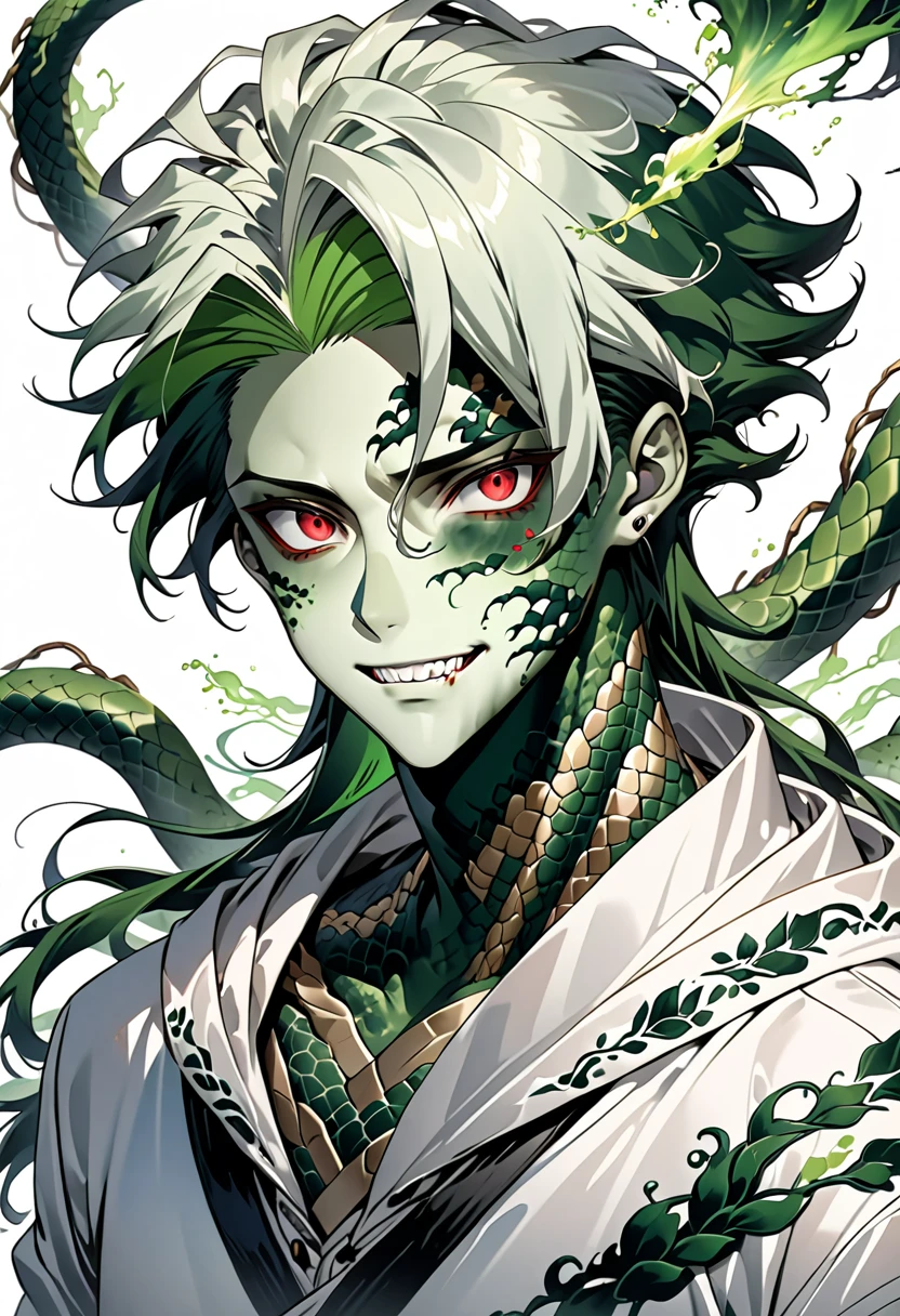 enerate an anime-style illustration of a age male character with the appearance of a Gorgon. He should have pale skin, sharp facial features, and a monstrous look, with green scales covering parts of his face and body. His hair should be made entirely of slender, elegant white snakes with subtle green highlights, all oozing a green liquid aura. The snakes should have piercing red eyes. The character should be wearing a white trench coat hoodie with accents of green, creating a harmonious green and white color theme. He should have a sinister grin on his face. Please ensure that the overall aesthetic remains true to traditional anime art style