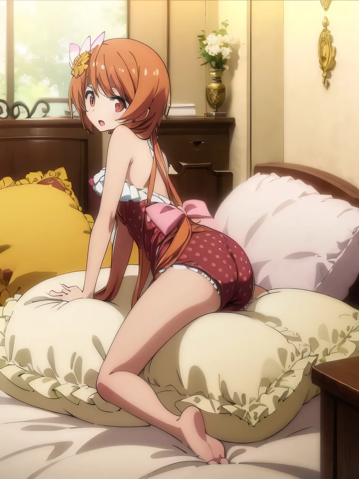 (best quality, masterpiece),mine , details), (Light and shadow oxtail , bed background, Cute girl posing on pillow ,Pillow,(piles of Pillow),Upholstered,((four poster bed)),Soft pillow quotation,Lots of Pillow,(Pillow),The love surrounding the protagonist,steam,Luxury Pillow),(luxury bed),(Gorgeous pattern pillow),luxurious pillow,(bedroom ),pillow humping,hump,open mouth,red eyes , kneeling,(Love around the protagonist),(Steaming hot),(pillow),Four poster bed,Canopy bed,Lots of pillow heads,princess bed , long hair , frilled pillow , ((pink polka dot pillow)) , big pillow ((tachibana marika))