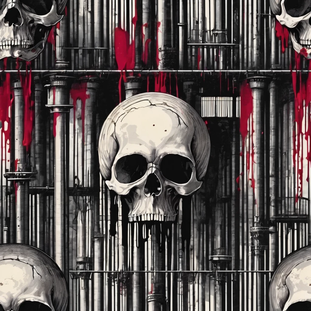skull formed by a bleeding barcode, background factory chimneys,