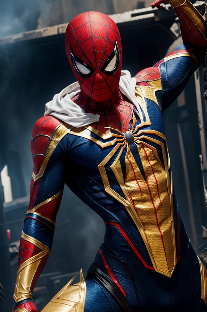 Spider man with advanced white and gold suit with angry red eyes and blue chest spider logo in a war zone 