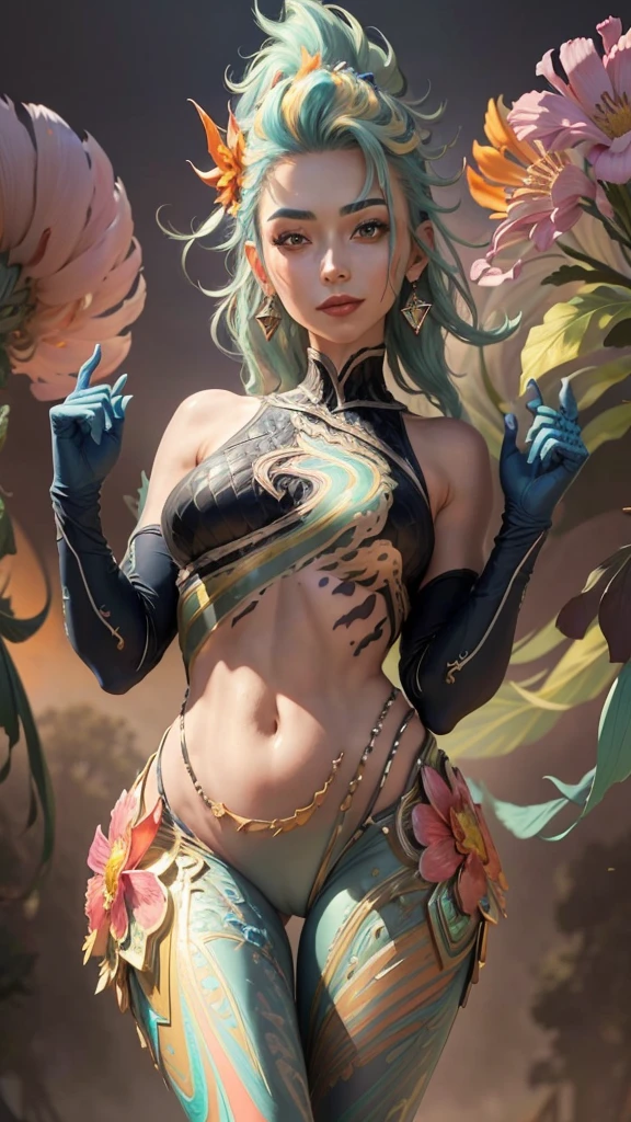 (masterpiece, top quality, best quality, official art, beautiful and aesthetic:1.2), (1girl:1.3), extremely detailed,(crotch tattoo), transparent top clothing, (fractal art:1.1),(colorful:1.1)(flowers:1.3),highest detailed,(zentangle:1.2), full body, (abstract background:1.3), (shiny skin), (many colors:1.4), ,(earrings), best quality, ultra-detailed, super detailed skin, cute, extremely detailed, 8K, solo, single, dynamic angle, beautiful female, belly button, blash, smile, uncensored, motion, navel, croptop, two-tone hair color, HDR, wind, perfect hand, active, ART STYLE