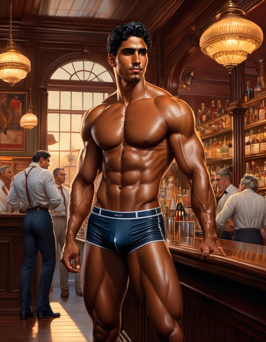 In the iconic art style of henry scott tukei, a hyperrealistic, meticulous illustration of a young, slim, and muscular Latino with a strong display of leadership body language and perfectly detailed anatomy. He's illuminated by the warming sun, standing barefoot in the center of a victorian gentleman bar with many victorian men looking at him. The Latino man, with strong muscular legs, a peaceful gaze, and a subtly hidden smile, hints at his athleticism, wearing a swimmer's