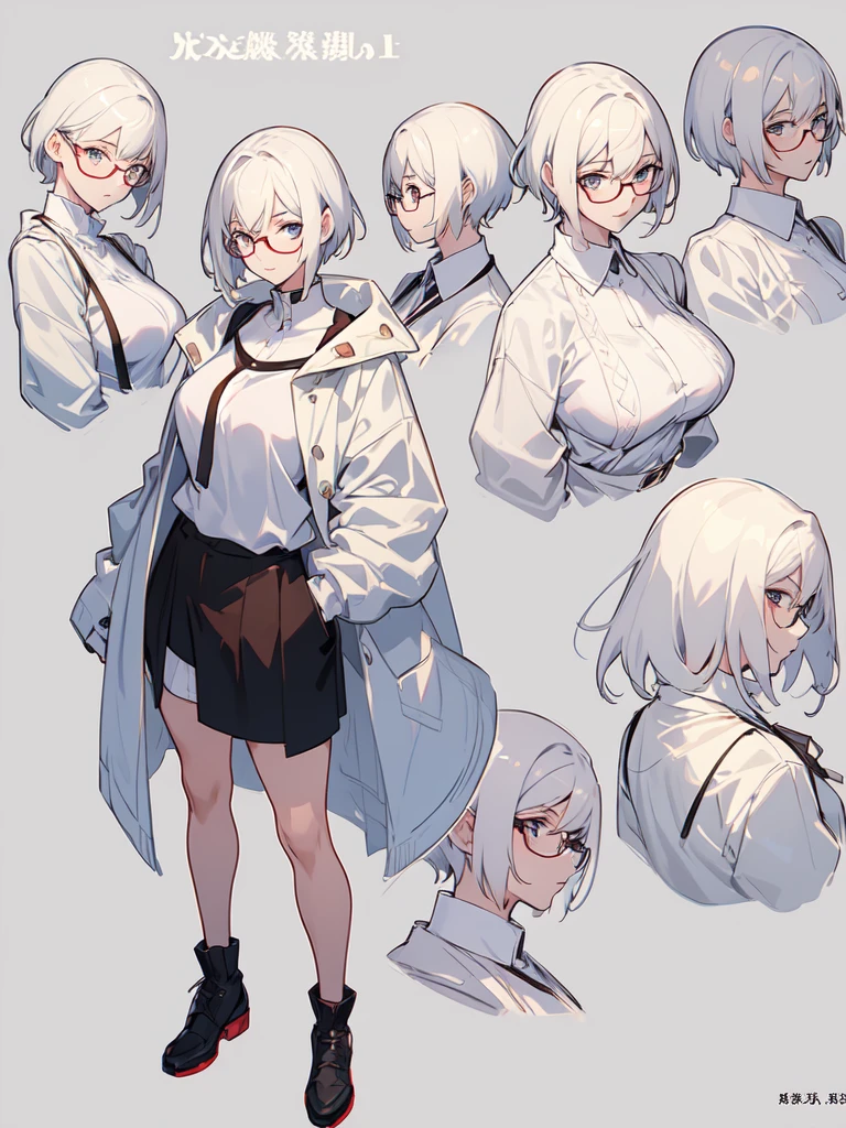 Concept art of anime character, young woman, 21 years old, white short hair, glasses, huge breasts, white fashion shirt, brown open sweater, leggings, full body, two poses