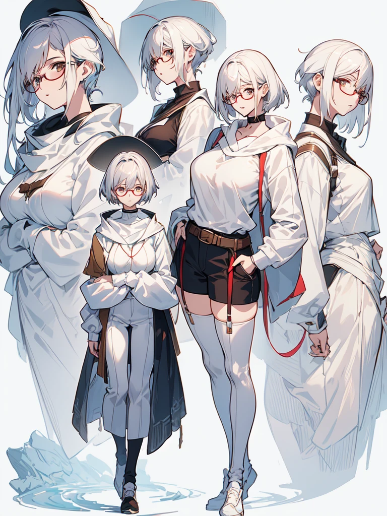 Concept art of anime character, young woman, 21 years old, white short hair, glasses, huge breasts, white fashion shirt, brown open sweater, leggings, full body, two poses