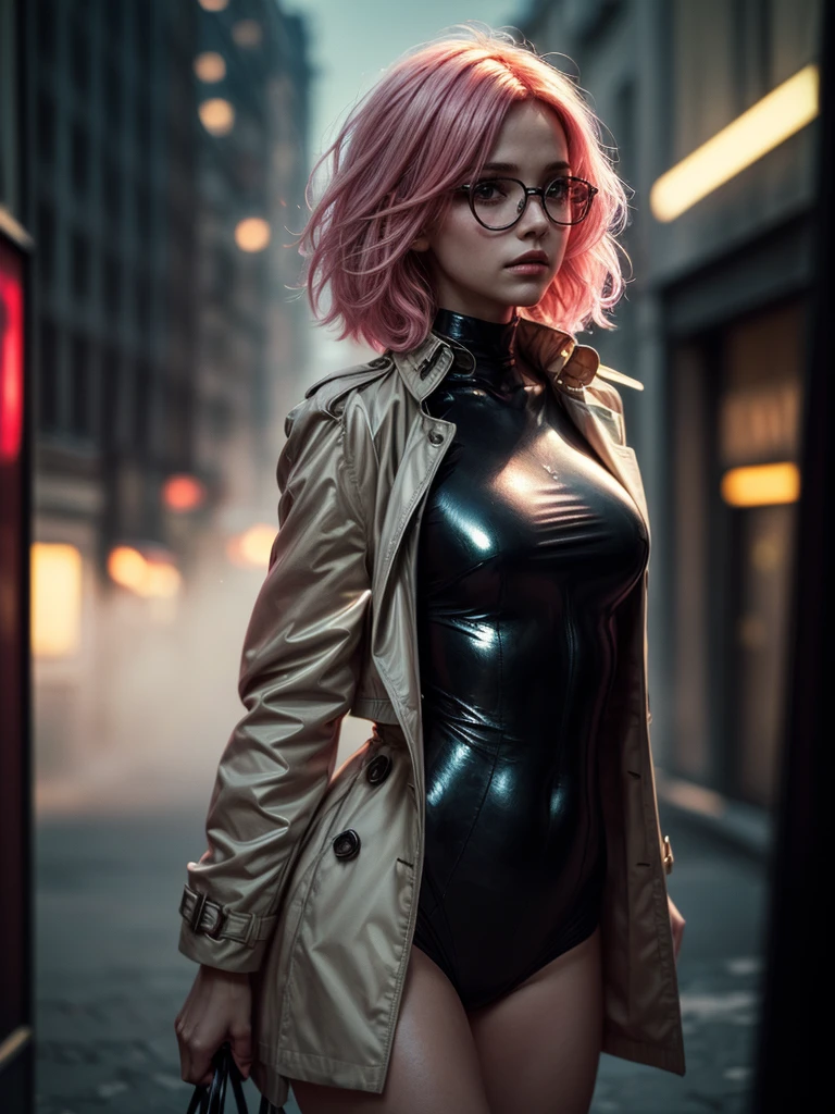 (
(character: a french woman, detective, slim bodysuit, Delgado, pink hair. neat side haircut)
(Clothes: pink trench coat, black shirt, glasses, Boots)
(pose: upper body shot:1.7, dynamic pose)
(blurred, intense urban lights in the background)
(Style: ((Masterpiece:1.5)), (detailed face), photorealistic:1.3, Hyper realistic, foggy, High contrast, shiny skin, soft lighting, backlighting, Bloom, flashes of light, chromatic aberration)