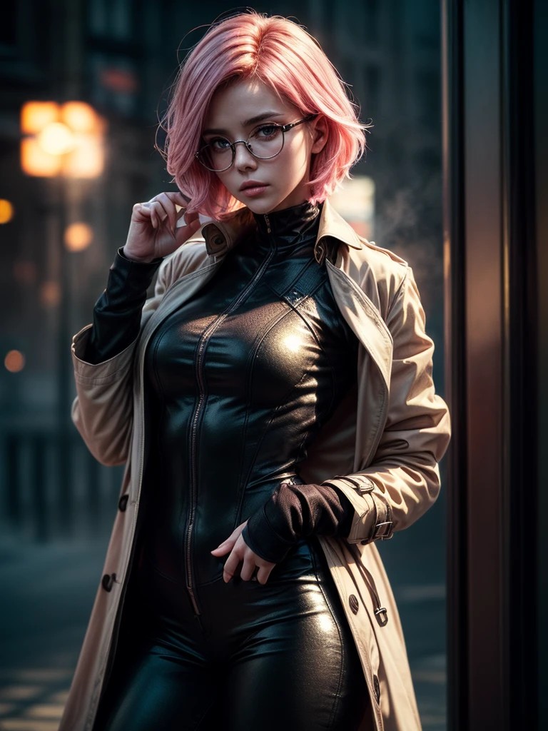 ( 
    (character: a french woman, detective, slim bodysuit, Delgado, pink hair. neat side haircut)
    (Clothes: pink trench coat, black shirt, glasses, Boots)
    (pose: upper body shot:1.7, dynamic pose)
    (blurred, intense urban lights in the background) 
    (Style: ((Masterpiece:1.5)), (detailed face), photorealistic:1.3, Hyper realistic, foggy, High contrast, shiny skin, soft lighting, backlighting, Bloom, flashes of light, chromatic aberration)