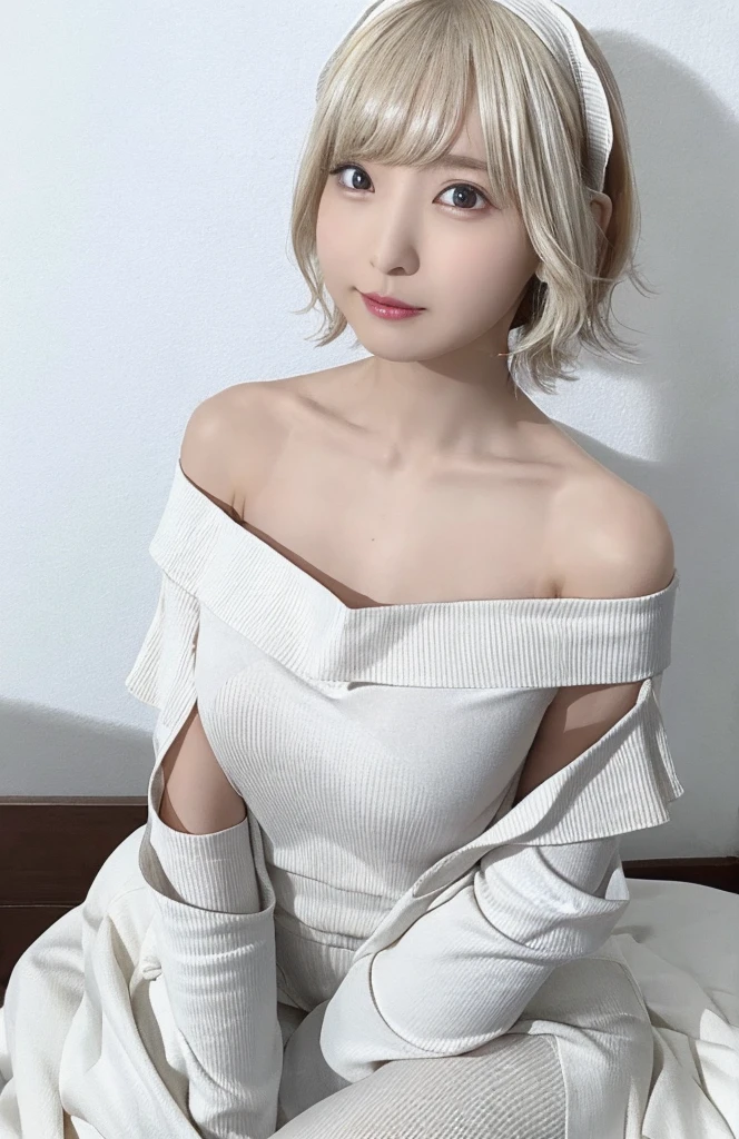 8K、Highest quality、1 Girl、Pure white clothes、(From the knee up)、(Off the shoulder:1.3), (Pixie Cut), Pure white hair, slim、Flat Body、cute、、Simple pure white background、、、Shooting from the sky