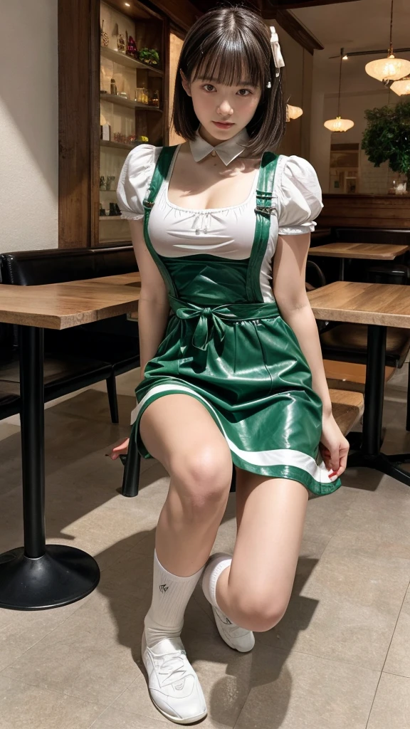 masterpiece, best quality, illustration, Super detailed, fine details, High resolution, 8K,wall paper, perfect dynamic composition, front view, knees, 18 year old girl, Gravure Idol, cute type, (Details High quality, realistic depiction of eyes:1.3), revealing clothes, short bob hair, bangs, black hair color, Dark makeup, Big Natural Color Lip, Emphasize the size of the breast, perfect body shape, plump figure, beautiful clavicle, Black leather jacket, BREAK (fusion of dirndl and short sleeve white collared-shirt with neck ribbon:1.4), ((A-line, underboobs, puff sleeves):1.3), ((deep-green Pinafore):1.3), thighs skin, (socks:1.3), (shoes:1.2), Restaurant, Serving customers inside the restaurant.