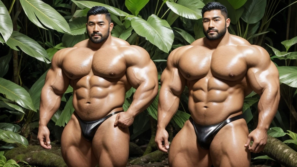 There is only one handsome Asian actor in the photo,35 years old,High target, Fitness,short hair, O-Shaped Beard,Perfect body, Dark skin color,Radiant Skin,Smooth skin,Muscle bulge, muscular, Very large pectoral muscles,Very sexy abdominal muscles,Very well-developed leg muscles,Huge concave and convex area,Brightens oily skin,Wearing a gold leather shiny thong,Handsome face, Correct and accurate male body proportions, Wear black socks,Stand in the rainforest,Lots of tropical flowers around。
