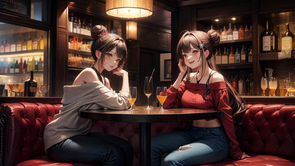 masterpiece, best quality, high quality, detailed, ultra detailed, hyper detailed, insanely detailed, exquisite, beautiful, FHD, Full-HD, 4K, 8K, 16K, highres, absurdres, bar, woman, interior photo, laughing, hair bun, brown hair, brown eyes, pale skin, beauty mark, in the bar, with a table, at night, chill atmosphere, pants, off shoulder