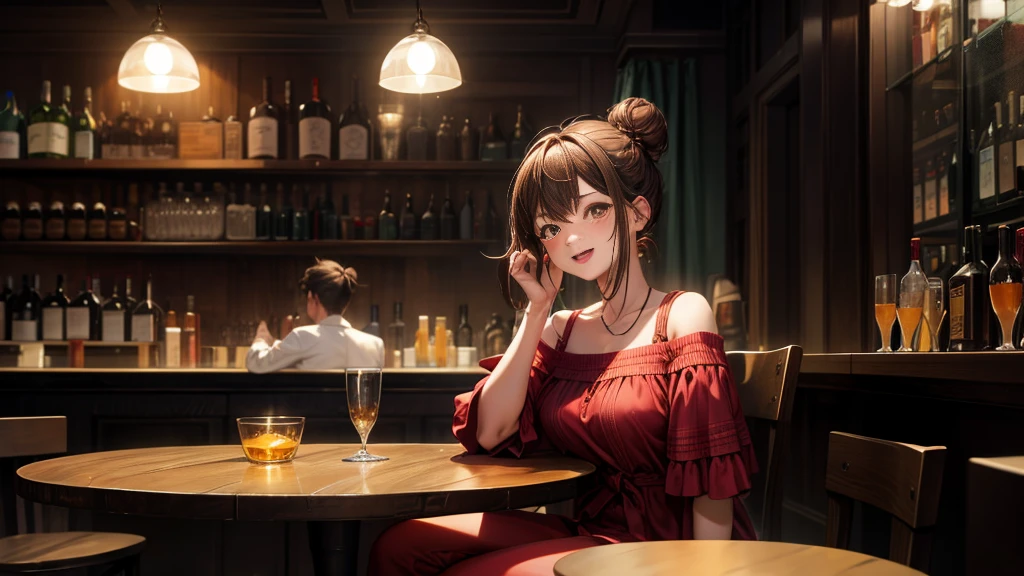 masterpiece, best quality, high quality, detailed, ultra detailed, hyper detailed, insanely detailed, exquisite, beautiful, FHD, Full-HD, 4K, 8K, 16K, highres, absurdres, bar, woman, interior photo, laughing, hair bun, brown hair, brown eyes, pale skin, beauty mark, in the bar, with a table, at night, chill atmosphere, pants, off shoulder