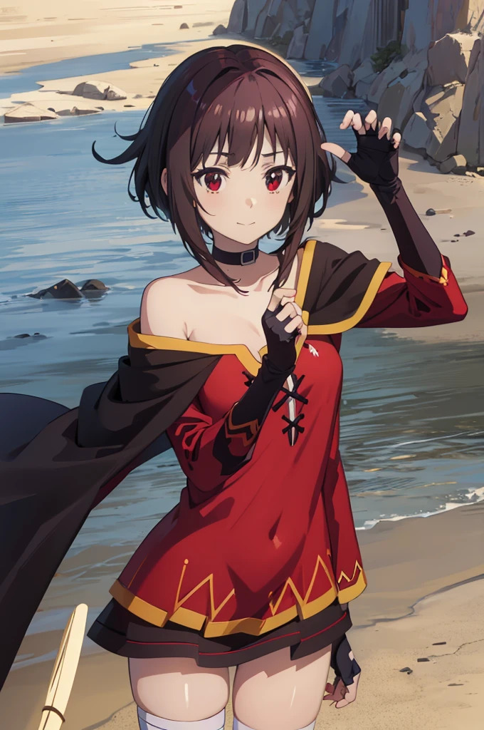 masterpiece, best quality, high resolution, best illustration, super fine illustration, (official art:0.6), (anime screencap:0.9), detailed beautiful face and eyes, anime keyvisual, (perfect anatomy:1.1), 8k portrait, (detail focus fingers:1.2), 
1girl,
Megumin \(konosuba\),
short hair with long locks,
brown hair, 
(red eyes:1.2), (beatiful detailed eyes:1.2), 
witch hat, black choker, black gloves, fingerless gloves,  
small breasts, 
off-shoulder dress, red dress, brown cape, long sleeves, single thighhigh, asymmetrical legwear, bandaged leg,
smile, 
looking at viewer, 
cowboy shot, 
dynamic pose, 
natural light, background of outdoors, forrest, nature, 