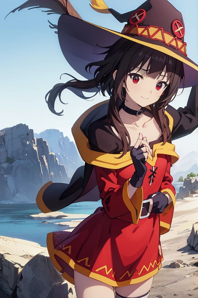 masterpiece, best quality, high resolution, best illustration, super fine illustration, (official art:0.6), (anime screencap:0.9), detailed beautiful face and eyes, anime keyvisual, (perfect anatomy:1.1), 8k portrait, (detail focus fingers:1.2), 
1girl,
Megumin \(konosuba\),
short hair with long locks,
brown hair, 
(red eyes:1.2), (beatiful detailed eyes:1.2), 
witch hat, black choker, black gloves, fingerless gloves,  
small breasts, 
off-shoulder dress, red dress, brown cape, long sleeves, single thighhigh, asymmetrical legwear, bandaged leg,
smile, 
looking at viewer, 
cowboy shot, 
dynamic pose, 
natural light, background of outdoors, forrest, nature, 