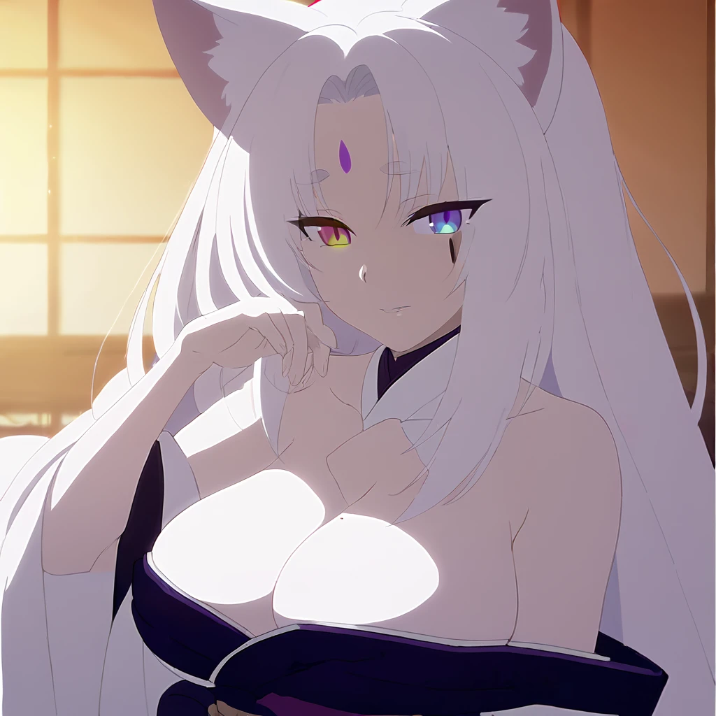 beautiful white neko, long white neko ears, white neko tail, anime style, purple eye, blue eye, big breasts, extremely detailed eyes and face, Wearing White and Black Open Shoulders Kimono, white long hair, heterochromia, wide waist, mature woman, black small beauty mark under right eye