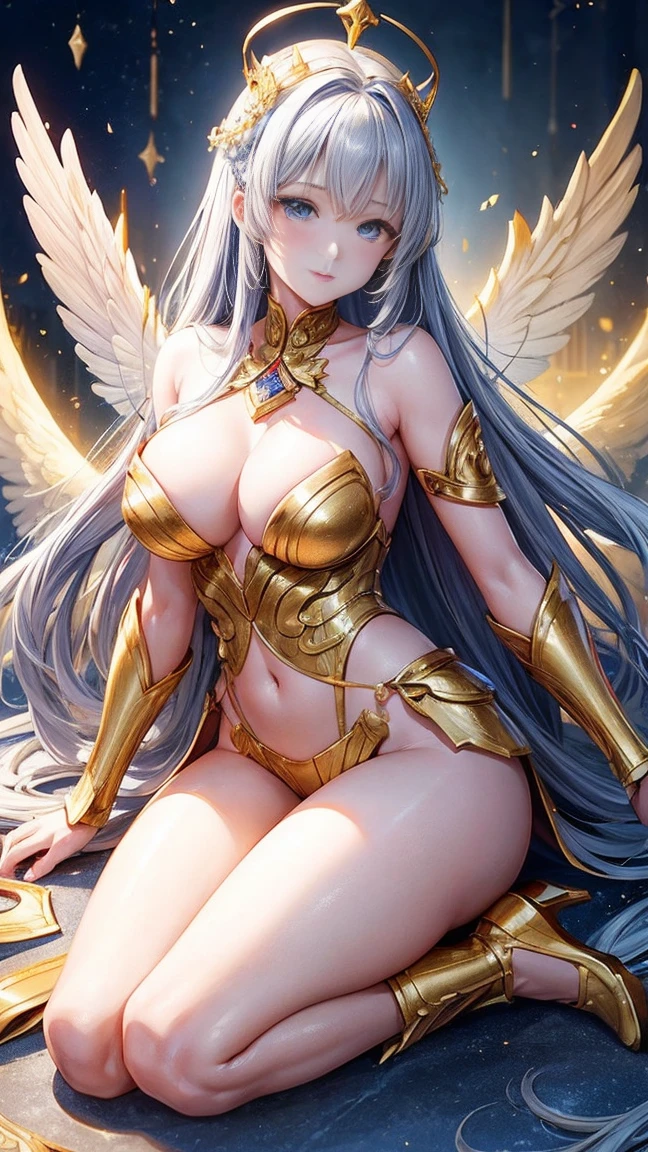 Qian Renxue, Young woman, goddess, six wings, Golden wings, angel wings, long hair, forehead jewelry, Crown on back of head, golden hair, light blue eyes, big breasts, golden chest armor, silver forearm armor, stand, Perfect Body, Beautiful thighs,solid frontal armor, high-heels, fairy tale, realistically