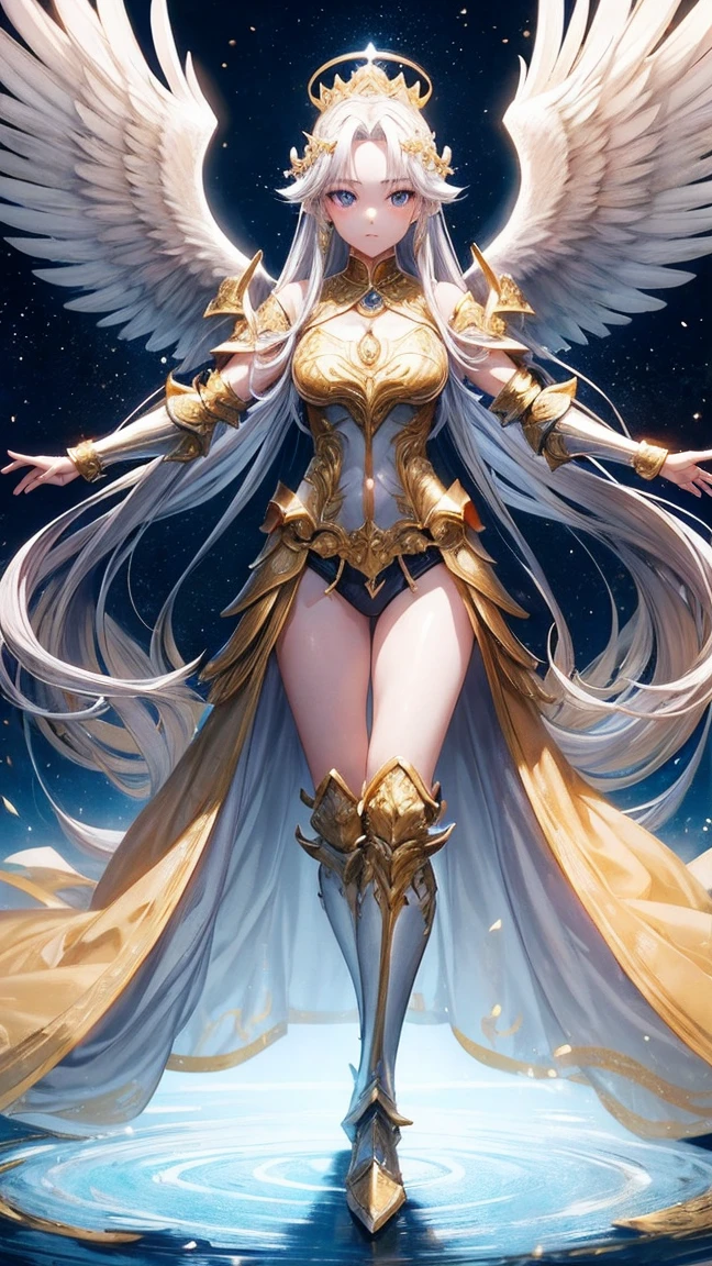 Qian Renxue, Young woman, goddess, six wings, Golden wings, angel wings, long hair, forehead jewelry, Crown on back of head, golden hair, light blue eyes, big breasts, golden chest armor, silver forearm armor, stand, Perfect Body, Beautiful thighs,solid frontal armor, high-heels, fairy tale, realistically