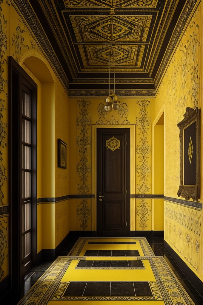 In tiled place with dark yellow wallpaper with arrow ornaments on the wall and dark yellow rugs, with many endless rooms without doors and no exit and the ceiling with a false floor with blinking yellow lights