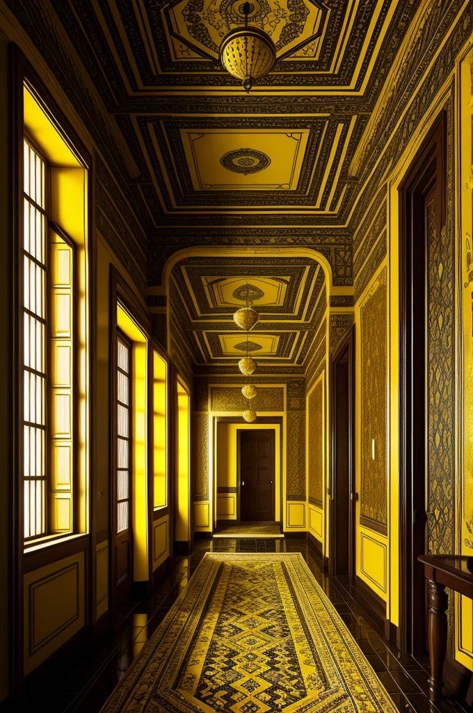 In tiled place with dark yellow wallpaper with arrow ornaments on the wall and dark yellow rugs, with many endless rooms without doors and no exit and the ceiling with a false floor with blinking yellow lights