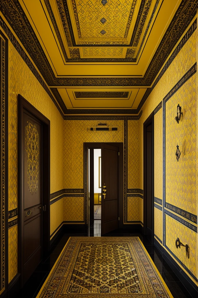 In tiled place with dark yellow wallpaper with arrow ornaments on the wall and dark yellow rugs, with many endless rooms without doors and no exit and the ceiling with a false floor with blinking yellow lights