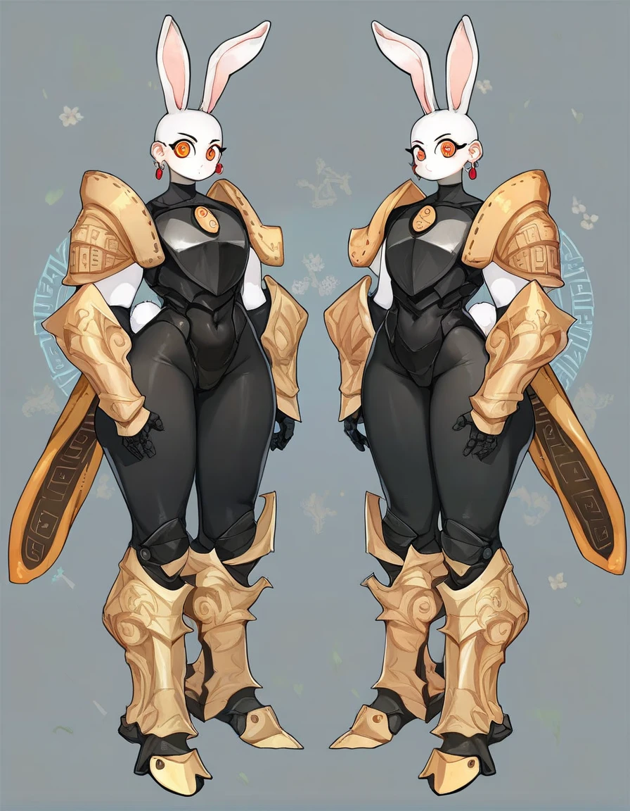 Full body, Tall slender girl, (Pale strong body:1.7), Amber Wizard, Robe with Arcane Glyphs, Mysterious glyphs cover the mantle, wide hips, broad shoulders, (Body, black tight armored clothing;:1.4), (bunny face:1.5) , (red expressive eyes), Earrings, source_anime,simple background, (blushing:0.5),