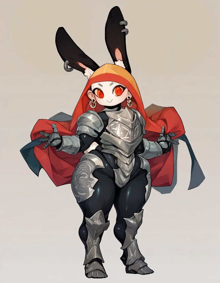 Full body, Tall slender girl, (Pale strong body:1.7), Amber Wizard, Robe with Arcane Glyphs, Mysterious glyphs cover the mantle, wide hips, broad shoulders, (Body, black tight armored clothing;:1.4), (bunny face:1.5) , (red expressive eyes), Earrings, source_anime,simple background, (blushing:0.5),