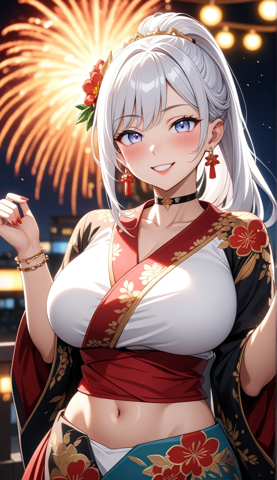 (One personの女性)), Beautiful Face, (Laughing embarrassedly), ((smirk)), ((Wink:1.8)), Laugh with your mouth wide open,((Bright red cheeks:1.4)),Shiny red lips, night,rooftop,Festivals, firework,Glossy red lips,Facial lighting,((Anime style background)),masterpiece, Highest quality, so beautiful,up to date, Complex details, ((midriff peek:1.2)), (Pink long nails), (ring),(bracelet),(choker),AI-generated, Complex,High resolution, Highest quality, super high quality,3D Images、3D Images,One person,Long white hair in a side high ponytail,(blue eyes), ((Fine grain、Silvery white colorful eyes、Shining Eyes:1.3)), (Squint your eyes:1.1), Anime woman posing for a photo, a hyperRealistic , hyperRealistic , Realistic,Anime woman with long white hair, Smooth anime CG art, A woman in a colorful kimono with gold embroidery, (Black long sleeve kimono), Red floral pattern,Long flower hair ornament,Earrings,Mature Body,(Big Breasts:1.1),Tall,Abdominal muscles,Narrow waist,(Zoom in on face:1.6),