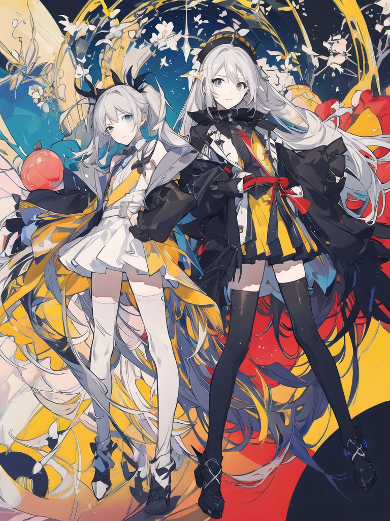 magazine,leaning buck with hands out in the air,2 girls from below view、succubus, twin tail hair, relax, ((((masterpiece)))), very_high_resolution, high quality, full color, large_filesize, illust,(flat color:1.5),(colorful), (two girls:1.3),