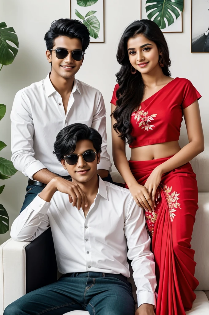Create 3D picture of a beautiful 18 year old Indian couple sitting on the white sofa set chair, boy is wearing a red shirt and black pant and girl is wearing a neon red saree, both are looking so pretty, handsome smiling, stylish hair, sunglasses ,watch background wall decorate in flower and leaves and clear written on capital Big font white colour ” Prince & Onima ” and wing are green colour look like angel.
