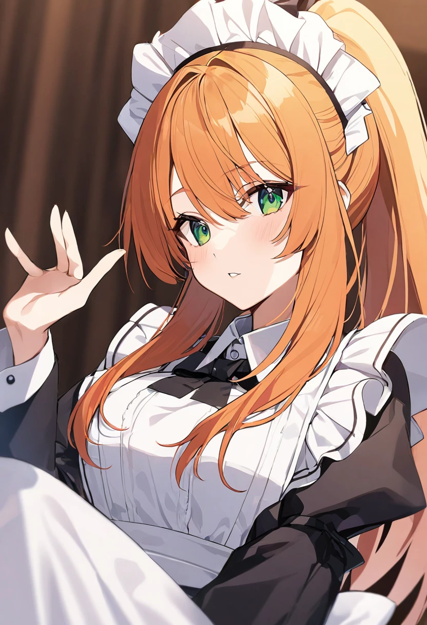 girl, orange hair, long hair, ponytail, green eyes, maid costume