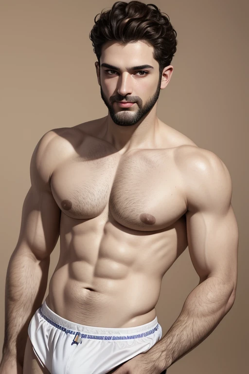 best quality, masterpiece, 4K, detailed, shading, solo, 1male, perfect Sephardic man (smug confident smirk) (white skin, (thin eyebrows:1.4), short curly hair, brown hair, beard:1), skinny body:1 ((big pecs:1), broad shoulders, (flat abdomen), small waist, thighs), (wearing speedo), ((mid-shot)), plain background