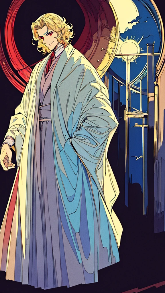 masterpiece, best quality, high quality, detailed, ultra detailed, beautiful, man, male, evil smiling, standing, looking at viewer, short hair, blonde, red eyes, pale skin, athletic, suit, black background, outside, beautiful, anime, moonlight, curly