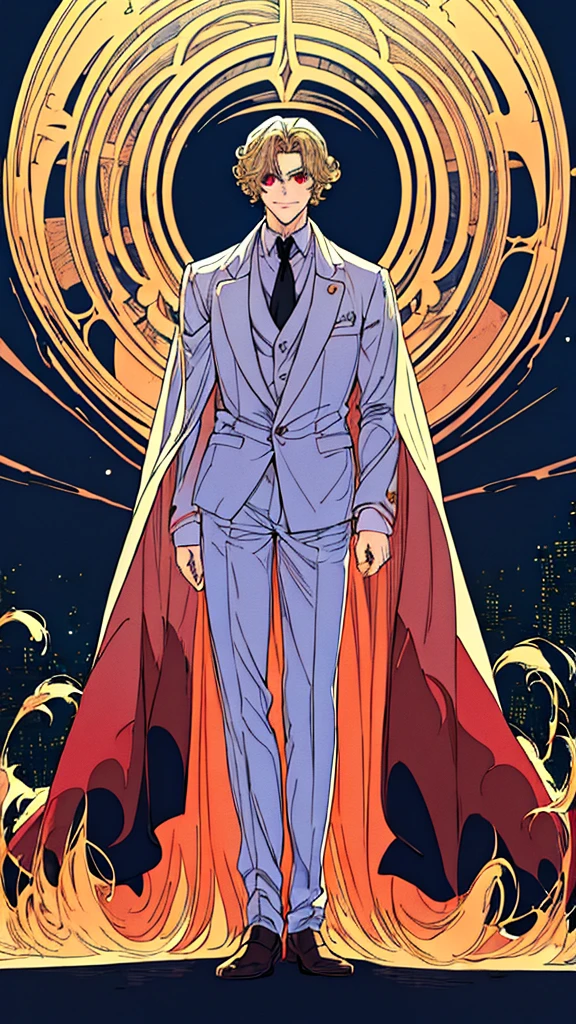 masterpiece, best quality, high quality, detailed, ultra detailed, beautiful, man, male, evil smiling, standing, looking at viewer, short hair, blonde, red eyes, pale skin, athletic, suit, black background, outside, beautiful, anime, moonlight, curly