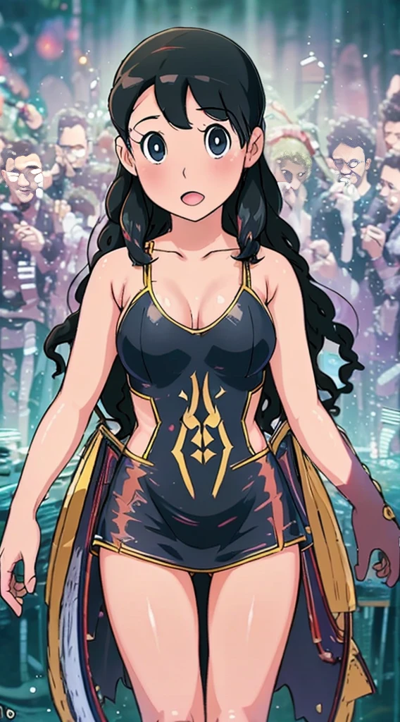 American girl of 18, video gamer, wearing translucent short T-shirt, ,shinny clothes,black hair, ((blush: 0.8)), natural skin texture, 4K textures, highly detailed, insane details, faint colors , ((long wavy hair)), ((smile on face: 0.4)), (no panties: 0.2), ((looking directly at the camera)), ((tilted head: 0.8 )), ((large breasts:1)).