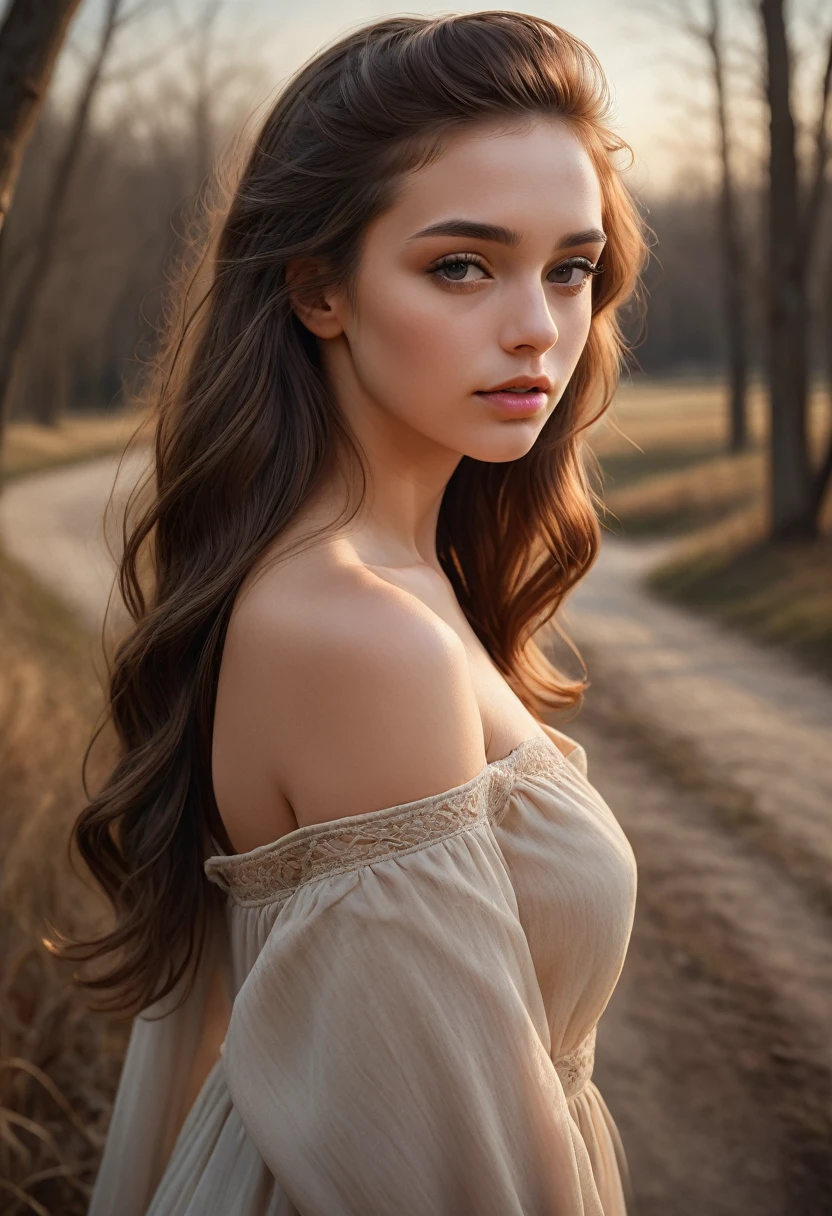 a sensual girl in an Indiana landscape, detailed face, beautiful eyes, lips, long lashes, elegant dress, flowing hair, soft skin, warm lighting, cinematic composition, muted colors, dramatic shadows, realistic oil painting