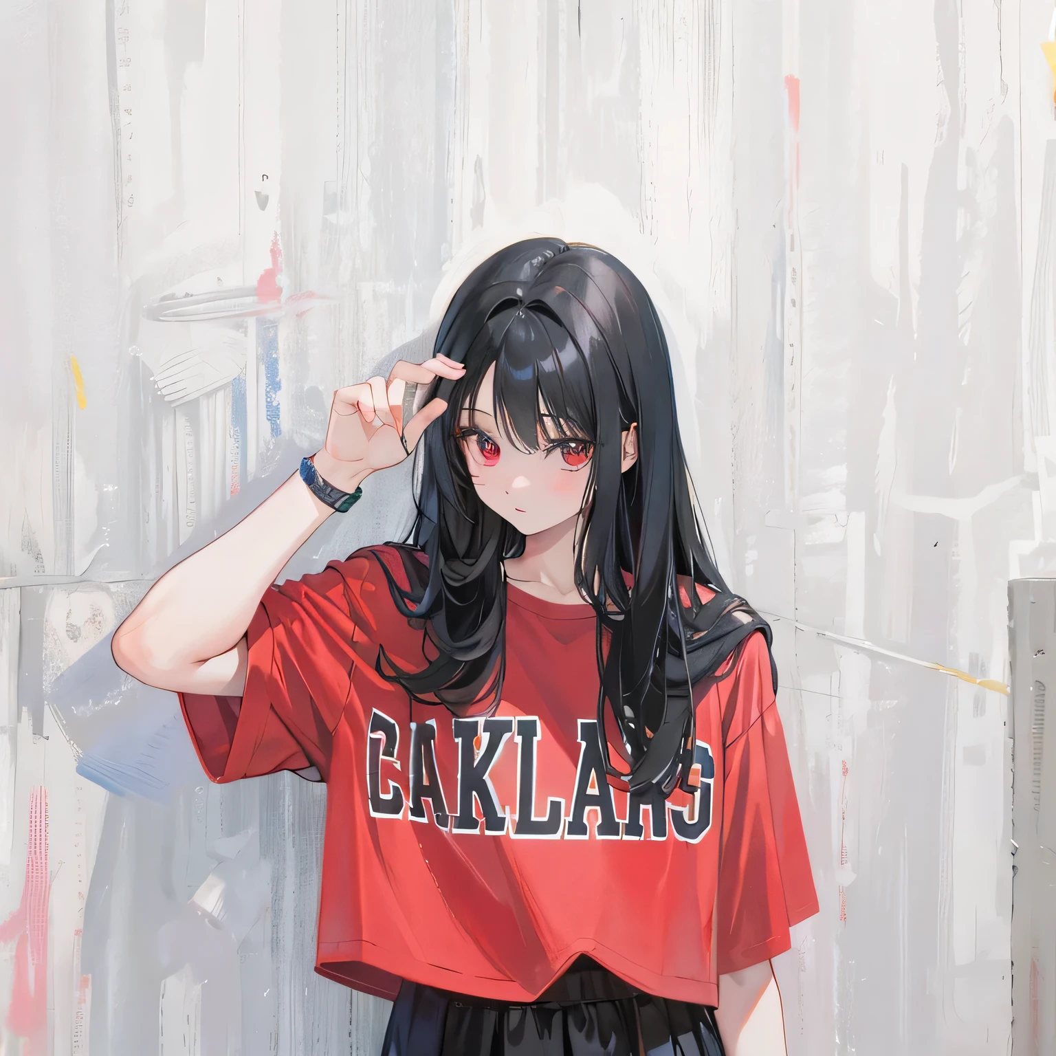 (Realistic painting style:1.0), masterpiece, Highest quality, Absurd, Comic Strip, figure,
1 Girl, Long Hair, Black Hair, pretty girl, 若くてpretty girl, Korean Girls, {chest},
Red T-shirtを着た女の子が壁に立ちます, Ulzzang, Red T-shirt, Red Shirt, Black shorts,