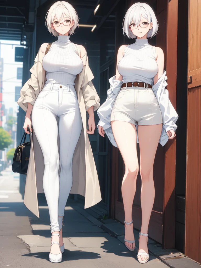 Concept art of anime character, young woman, 21 years old, white short hair, glasses, huge breasts, white fashion shirt, brown open sweater, leggings, full body, two poses