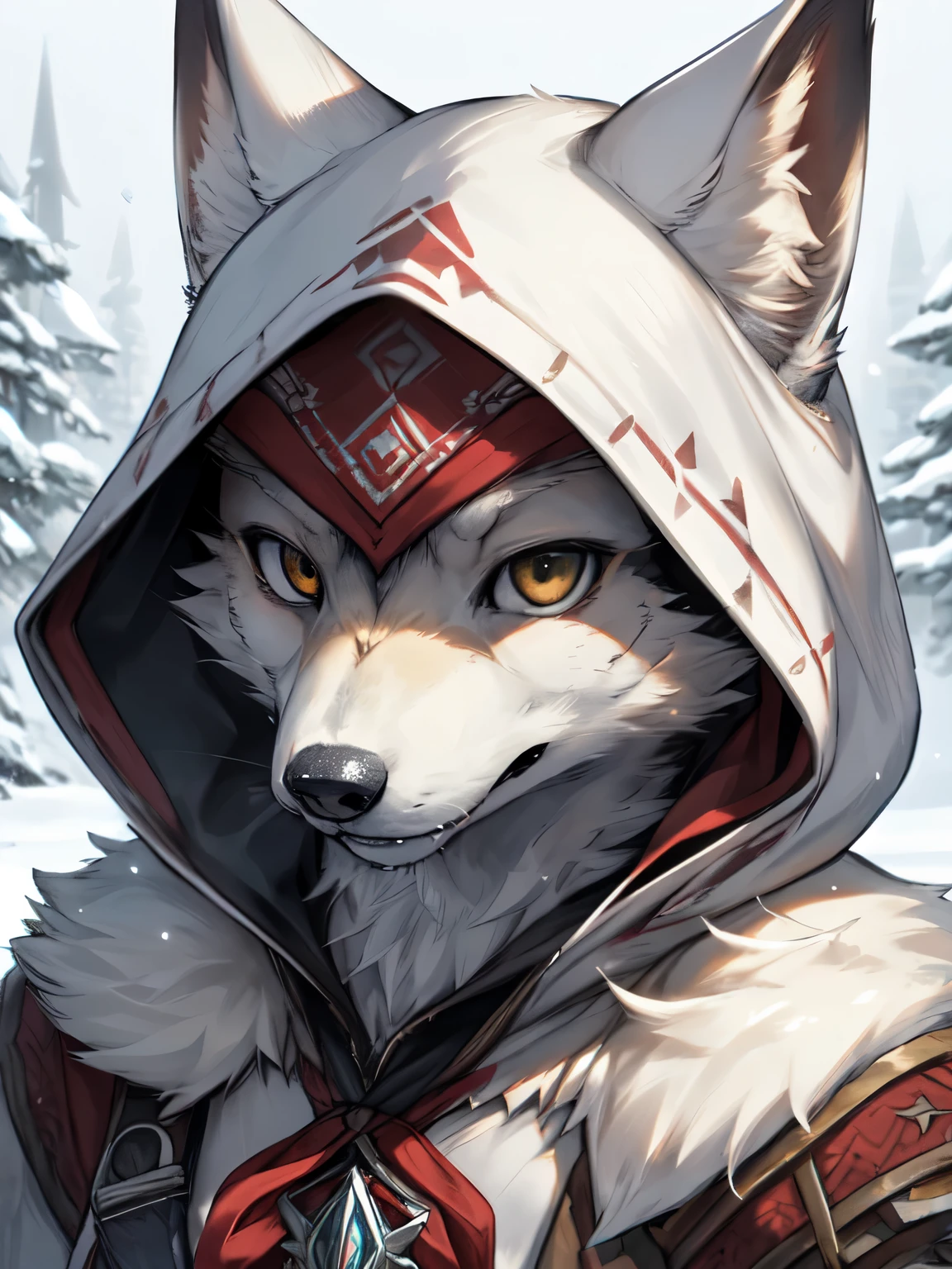 1 person, 8k Werewolf Portrait, Arctic fox, White fur,Arctic fur is as white as snow,Assassin's Creed, complex, Very detailed, number, Smooth, Clear focus, illustration, ((masterpiece)),Yoshitaka Amano