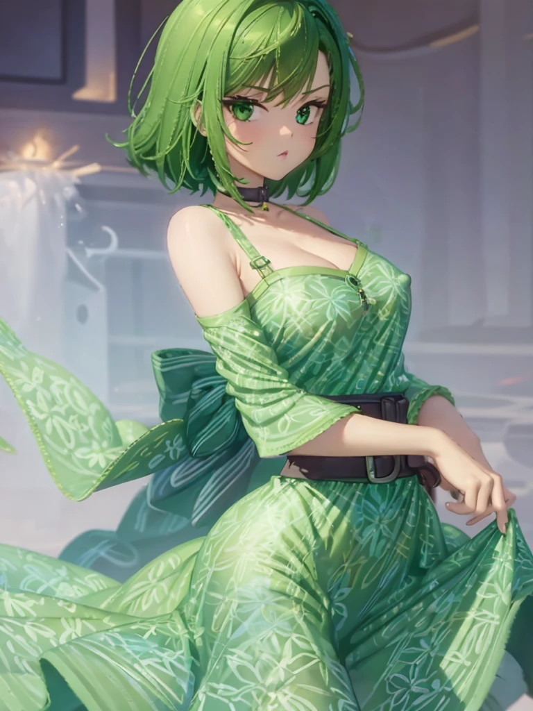 1girl, solo, beautiful girl, green skin, green eyes, big eyes, long eyelashes, green hair, short hair, shiny hair, medium breasts, green dress, strapless dress, floral print dress, green belt, purple scarf, green leggins, looking at viewer, bare arms, bare shoulders, disgust face, narrow waist, big butt, violet lips, lip gloss, perfect hands, perfect anatomy, dress pull, nipple slip, puffy nipples, 