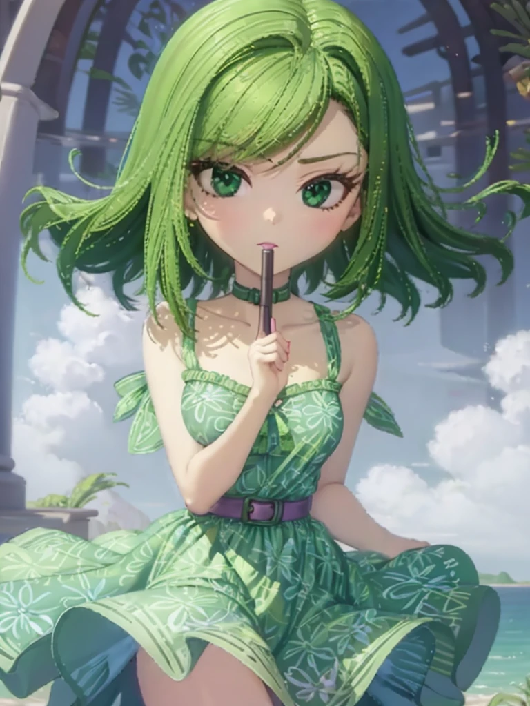 1girl, solo, beautiful girl, green skin, green eyes, big eyes, long eyelashes, green hair, short hair, shiny hair, medium breasts, green dress, strapless dress, floral print dress, green belt, purple scarf, green leggins, looking at viewer, bare arms, bare shoulders, disgust face, narrow waist, big butt, violet lips, lip gloss, perfect hands, perfect anatomy, dress pull, nipple slip, puffy nipples, 