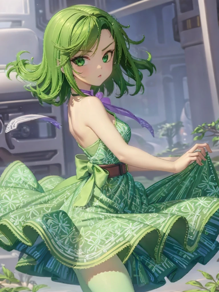 1girl, solo, beautiful girl, green skin, green eyes, big eyes, long eyelashes, green hair, short hair, shiny hair, medium breasts, green dress, strapless dress, floral print dress, green belt, purple scarf, green leggins, looking at viewer, bare arms, bare shoulders, disgust face, narrow waist, big butt, violet lips, lip gloss, perfect hands, perfect anatomy, dress pull, nipple slip, puffy nipples, 