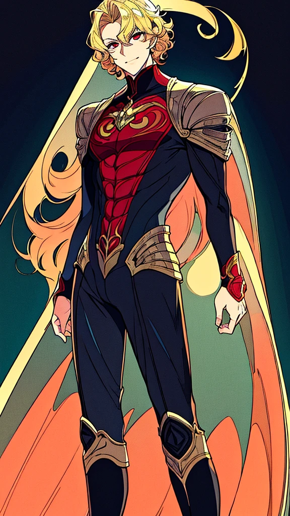 masterpiece, best quality, high quality, detailed, ultra detailed, beautiful, man, male, evil smiling, standing, looking at viewer, short hair, blonde, red eyes, pale skin, athletic, suit, black background, outside, beautiful, anime, moonlight, curly