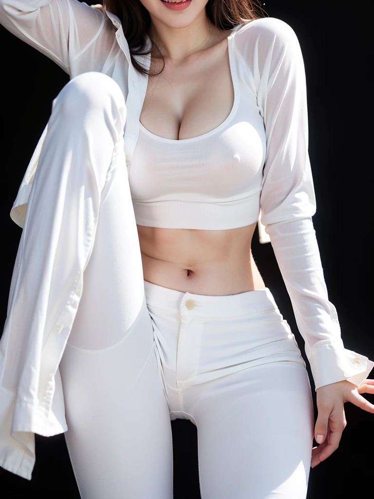 (highest image quality:1.35), high quality, Realistic photo, (A beautiful woman:1.33), beautiful expression, (delicate eyes:1.3), (delicate face:1.3 ), Smile, (slick hair:1.2), Super detailed , high resolution, athletic figure, (big breasts:1.25), (long hair:1.2), (beautiful woman), ( Cute navel:1.2), (Depth of field f/1.8:1.45 ), sharp focus, original photo , (Thin white shirt:1.45), (Thin white pants:1.4), (Thin white tight pants: 1.4 ), (Thick thighs:1.5), (Forward:1.25), (cowboy photo: 1.4), (Sports, black background:1.4 ), (black background:1.5 ),
