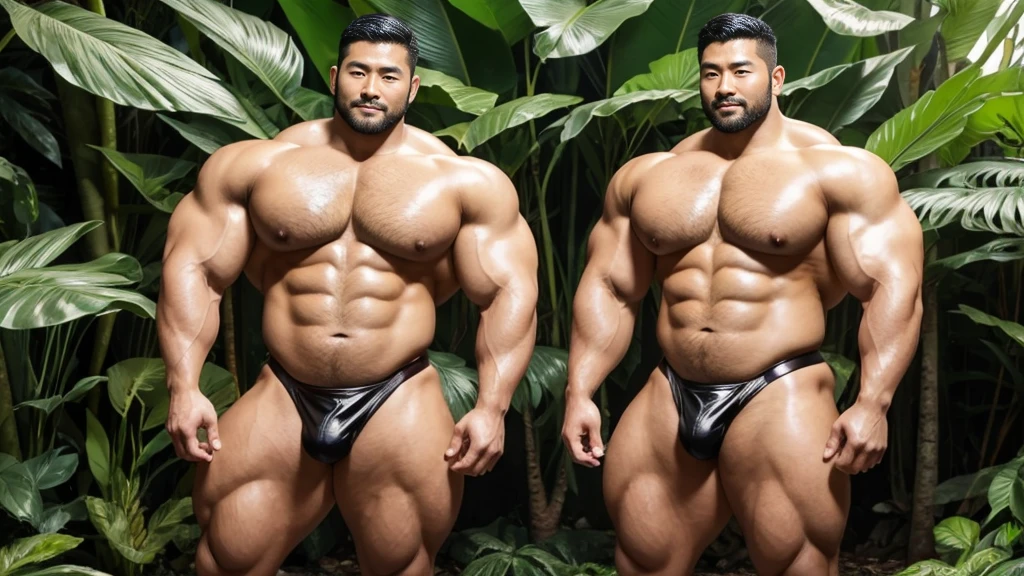 There is only one handsome Asian actor in the photo,35 years old,High target, Fitness,short hair, O-Shaped Beard,Perfect body, Dark skin color,Radiant Skin,Smooth skin,Muscle bulge, muscular, Very large pectoral muscles,Very sexy abdominal muscles,Very well-developed leg muscles,Huge concave and convex area,Brightens oily skin,Wearing a gold leather shiny thong,Handsome face, Correct and accurate male body proportions, Wear black socks,Stand in the rainforest,Lots of tropical flowers around。