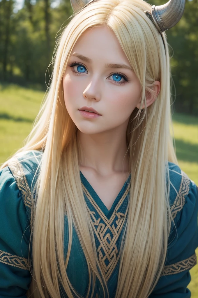 Make me a Viking girl, blonde-haired and blue-eyed looking up, and the background is completely green