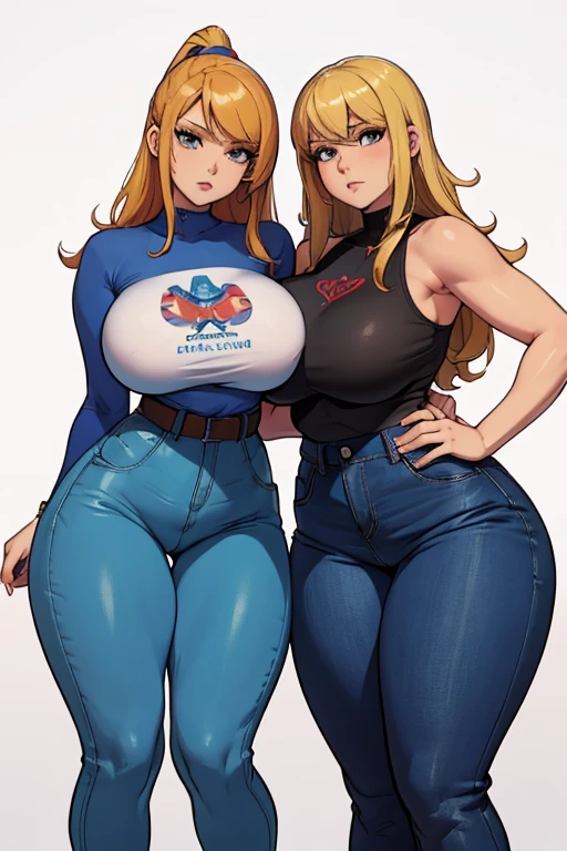 Samus aran in tight jeans and a blue top is posing for a picture, an album cover by Louisa Puller, instagram, tachisme, thicc, domme mistress, skinny waist and thick hips, thick thighs, tight outfit, tight attire, insanely inflated hips, thick, thick thigs, curvy, wearing tight simple clothes, huge breast