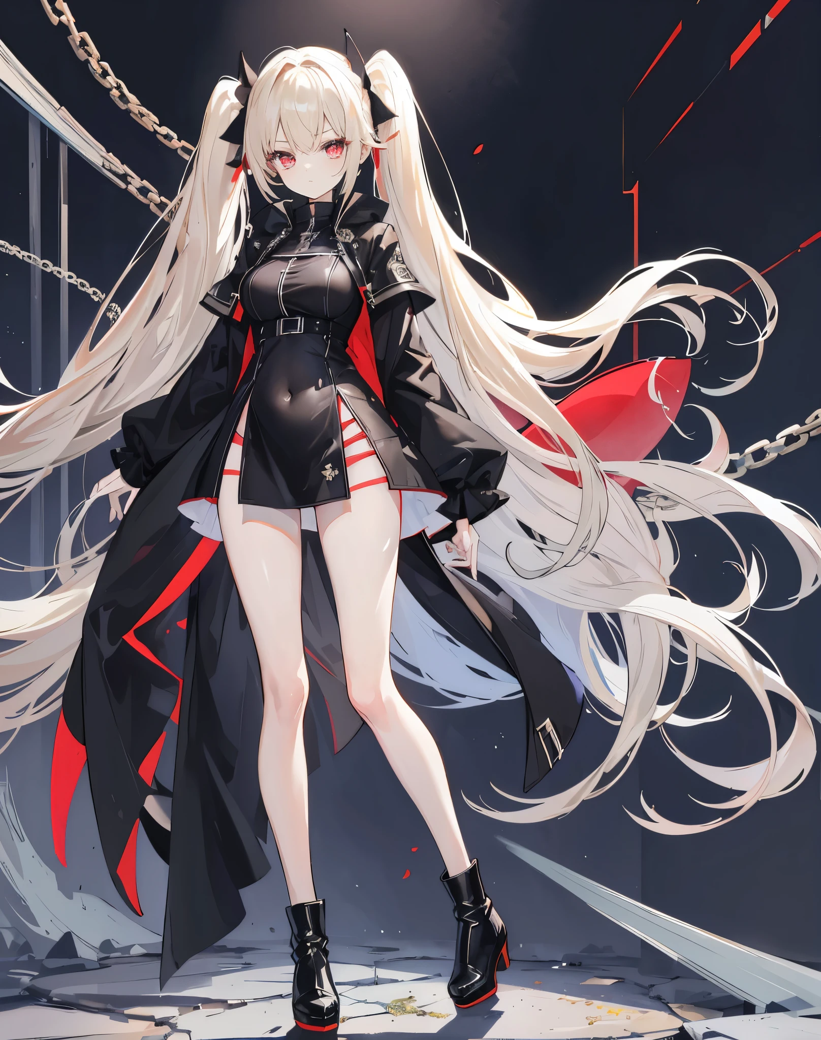 Twin tails,Hair colorbeige,Eyes red,（（Voluminous Hair 1.8，Hair is clear 1.6））， Hair that falls over the shoulders, Very long hair, Shiny Hair，Beautiful girl，Black clothing,Belly button exposed,big black long coat,Black shorts,Black long boots,Perfect body，Tall and tall，Thinness，on simple background，Background white,（round, Medium Large, Firm breasts），Standing on a stone,chain,（Long legs，Long legs，Long legs，2 legs,Perfect leg shape），Full body photo。